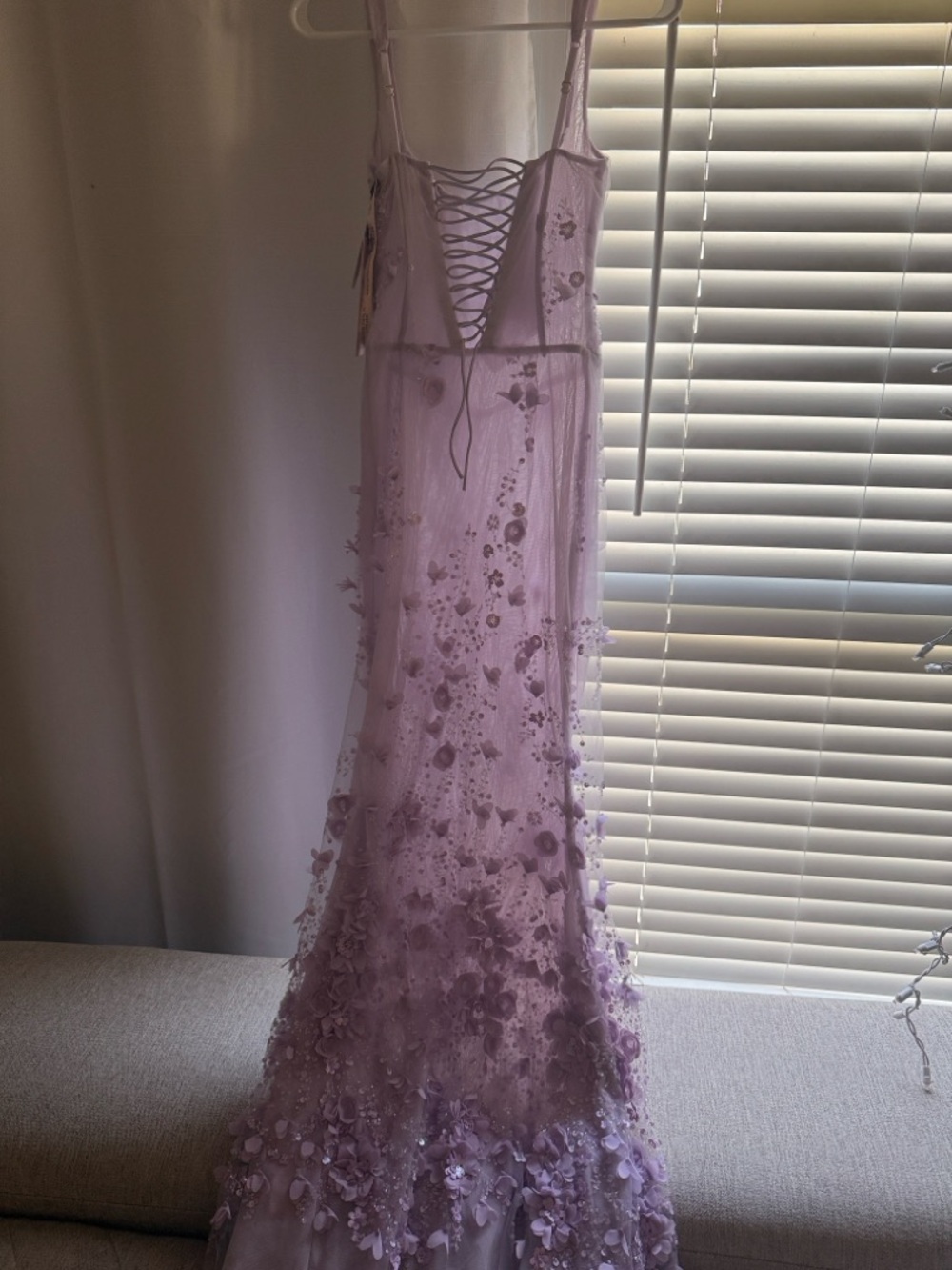 Oh Polly Lilac Lace-Up Evening Dress with 3D Floral Detail
